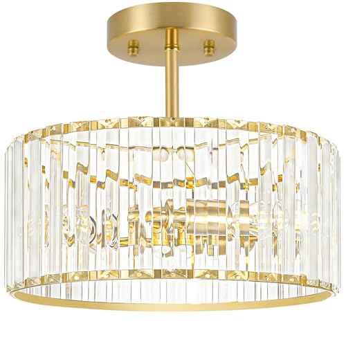 Modern Crystal Ceiling Light, Brushed Gold Semi Flush Mount Ceiling Lighting Fixture, Brass Hallway Light Fixtures Chandelier for Kitchen, Bedroom Dining Room Hallway Closet, 3-Light, 12 Inch