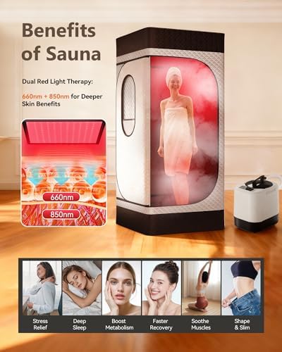 Portable Infrared Sauna Box for Home with 3L 1200W Steamer, Big Folding Chair, 99 Mins Timer, 9 Levels, Steam Sauna Tent with 660nm + 850nm Red Light Therapy, for Home Spa Detoxification