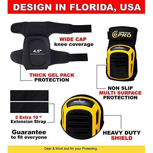 CARIB GEAR PRO USA Work Knee Pads for Men and Women Heavy Duty Gel Construction Knee Pads with Anti Slip Straps for Flooring Tiling Gardening Includes Leather Gloves and Safety Glasses