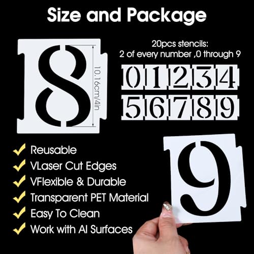 Curb Stencil Kit 0-9 Address Number Stencils for Address Painting 20 Pcs Reusable Plastic Numbers Stencils Interlocking Templates for Painting on Road Wood Wall Mailbox (5.1 ¡¿ 4.3 Inch)
