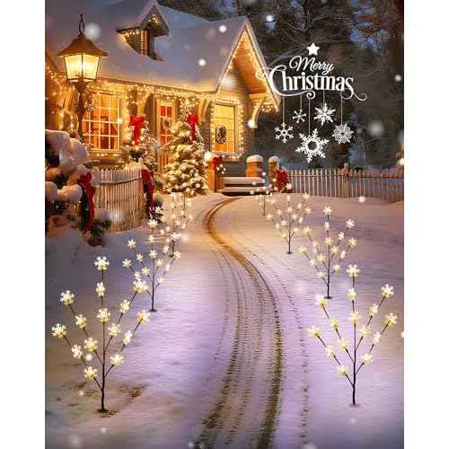 Brightown Snowflake Lights Outdoor Pathway, 8 Packs Lighted Branches Christmas Yard Decor, Small Christmas Tree with Lights, Twig Branch Light Outdoor Christmas Decorations Yard, Warm White