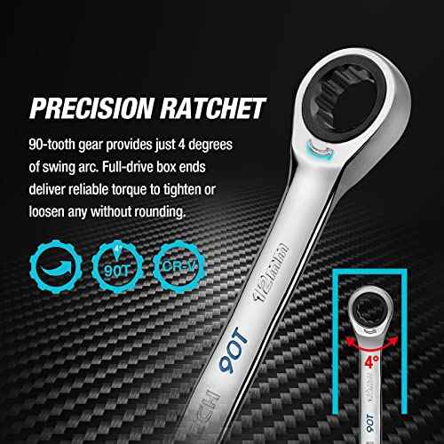 DURATECH 90-Tooth Ratcheting Wrench Set, Combination Wrench Set, 8-Piece, Metric, 8, 10, 12, 13, 14, 15, 17, 19mm, CR-V Steel, Organized in Wrench Rack