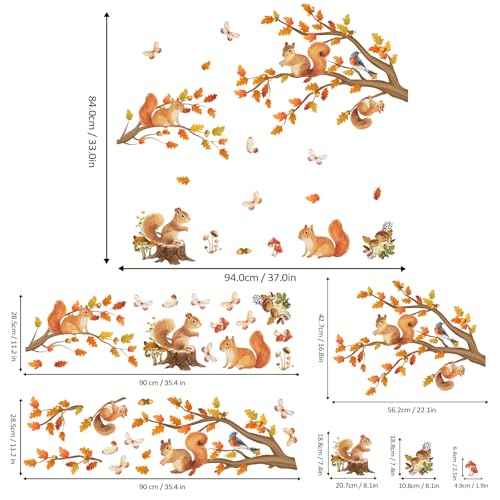 Autumn Squirrel Tree Wall Decals, Woodland Animal Wall Sticker, Nature Themed Wall Art with Butterflie, Birds, Peel and Stick Wall Art Stickers for Kids' Room, Nursery, Playroom, Bedroom, Living Room