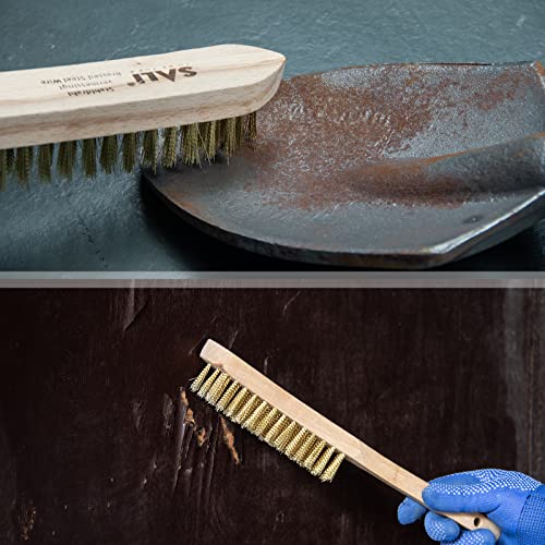 SALI Heavy Duty Copper Plated Steel Brushes - for Rust Removal, Automotive Cleaning, Welding Slag, Grill & Household Use, 11" Curved Beechwood Handle, 14X4 Rows Bristles (Pack of 2)