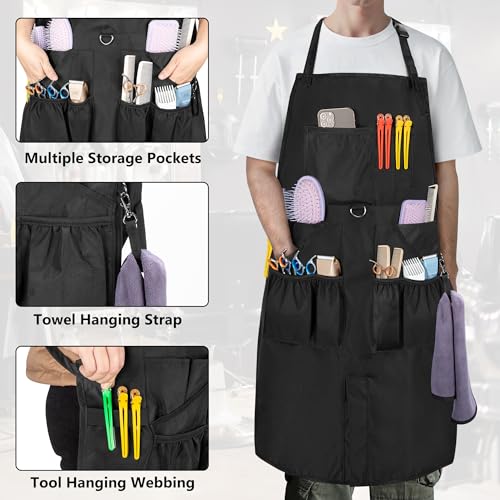 Barber Apron for Men & Women, Water-resistant Hair Stylist Apron with Multiple Pockets & Adjustable Neck Strap for Hairdresser, Cosmetology