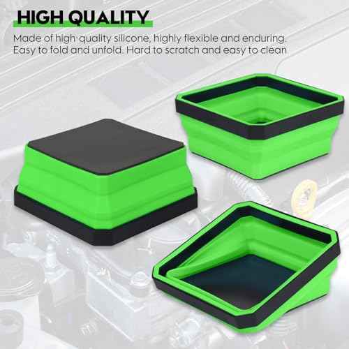 Collapsible Magnetic Parts Tray Set, 4 Pack New Version Magnetic Tool Trays for Screw Bolts Nuts Washers Pins & Small Metal Parts-4.5¡± Square Silicone Bowls with Double Sided Magnetic Base(Green)