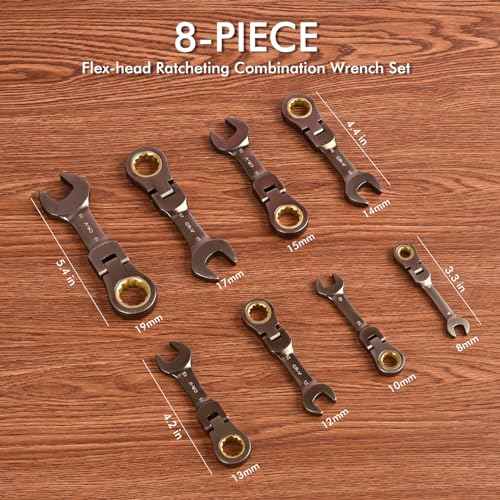 Stubby Wrenches Set, Flex Head Ratcheting Wrench Set Open End Ratchet Wrench Metric 8 Pieces(Metric)