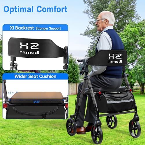Walkers for Seniors with Seat, 8" Big Wheels Folding Adult Rolling Walker for All Terrain, Dual Adjustable Height Medical Walker with Backrest and Brakes| Metallic Gray