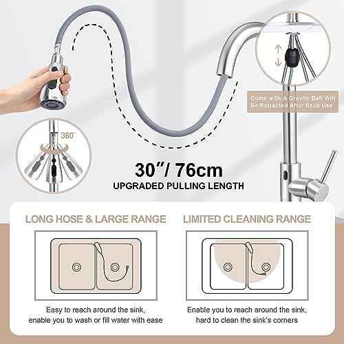 Touchless Kitchen Sink Faucet with Pull Down Sprayer, Herogo Brushed Nickel Stainless Steel Smart Activated Kitchen Faucet with Soap Dispenser, Single Handle Motion Sensor Tap for Farmhouse RV Sink