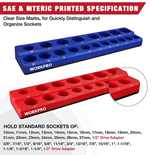 WORKPRO 1/2-inch Magnetic Socket Organizer Set, 2-Piece SAE & Metric Magnetic Socket Holders, Holds 35 Standard Sockets for Tool Box, Tool Carts (Sockets Not Included)
