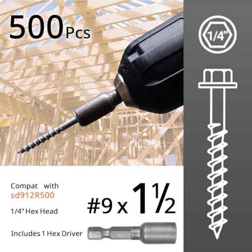 Connector Screws, #9 x 1-1/2" Heavy-Duty Joist Hanger Screws, 1/4" Hex Head with 0.37"-Dia, Prem-Galvanized, Resists Wear and Corrosion-Resistant, Replace sd9112R500 and 10D Nail, 500-Qty.