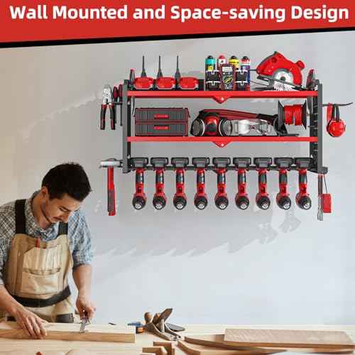 Power Tool Organizer Wall Mount with 9 Drill Holder, Cordless Tool Organizer and Storage Rack, Garage Heavy Duty Metal Shelf Organization for Battery, Tool Box, Hammer, Screwdriver£¨Red£©