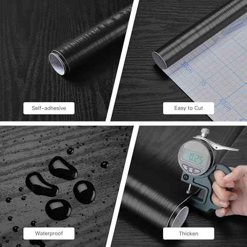 Peel and Stick Wallpaper Wood Contact Paper Black Wood Grain Wall Paper Thicken Textured Waterproof Easy to Clean Decorative Self-Adhesive Film for Cabinets and Drawers Surfaces 17.5In X 118In