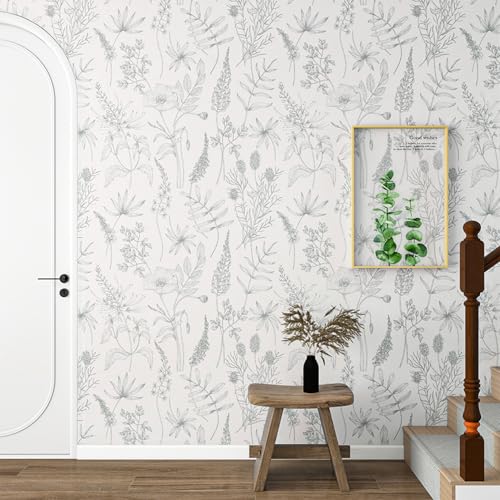 White and Green Wallpaper Peel and Stick Floral Vintage Wall Paper Boho Self Adhesive Green Leaf Contact Paper Removable for Bedroom Bathroom Cabinets Shelf Drawer 17.7''x118'
