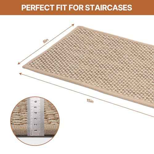 Non Slip Stair Treads for Wooden Stairs, 8" x 30" Staircase Step Treads, 100% Linen, Reusable Adhesive, Indoor, for Kids, Seniors & Dogs(Beige, 15pcs)