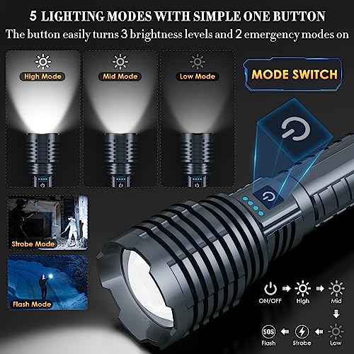 Super Bright Rechargeable Flashlights 2400.000 High Lumen, Powerful LED Flashlight, IPX7 Waterproof Floodlight & Spotlight Flashlight 2-in-1 W/5 Modes for Camping, Emergency, Search & Rescue