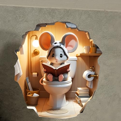 3D Cute Little Mouse on Toilet Reading Book Wall Decal Sticker, Pack of 2, Size 4 inches