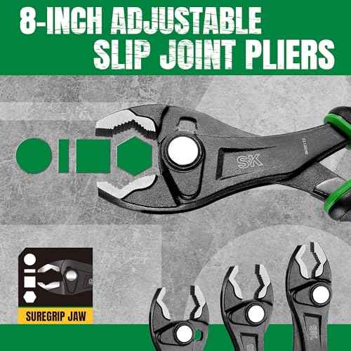 SK 8-Inch Adjustable Slip Joint Pliers, Premium CR-V Construction, SureGrip V-Jaw Design with Comfortable Grips