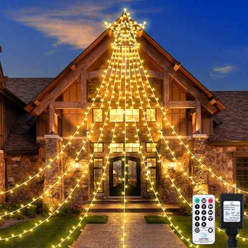 23FT 714 LED Christmas Decoration Lights Outdoor, 8 Modes Waterfall Star String Lights with Waterproof Timer, Dimmable Waterfall Tree Lights for Indoor Roof Patio Holiday Party, Warm White