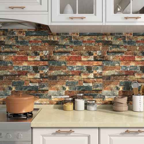 FunStick Vintage Faux Brick Wallpaper Peel and Stick 3D Textured Squares Brown Red Blue Brick Wall Paper Roll for Kitchen Bedroom Waterproof Brick Contact Paper for Walls Fireplace Removable 15.8"x80"