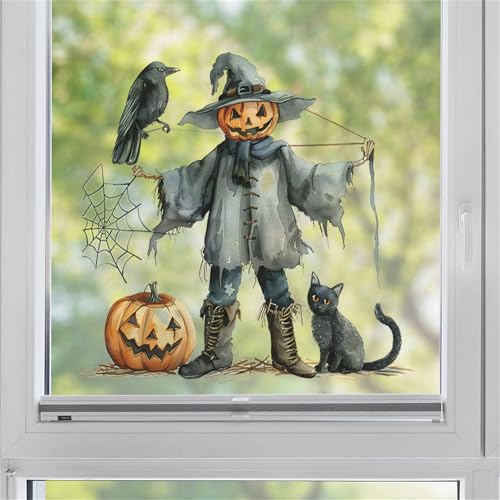 2 Sheets Halloween Wall Stickers Pumpkin Scarecrow Crow Black Cat Spider Wall Decals,Peel and Stick Vinyl Wall Decor for Halloween Party Decoration Festive Atmosphere(23.6"x11.8"Each)
