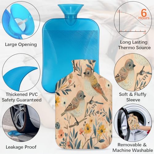 Birds Leaf Flower Hot Water Bottle with Cover 2L Large Hot Water Bag for Menstrual Cramps, Neck and Shoulder Pain Relief, Hot Cold Therapy, Hand Feet Warmer