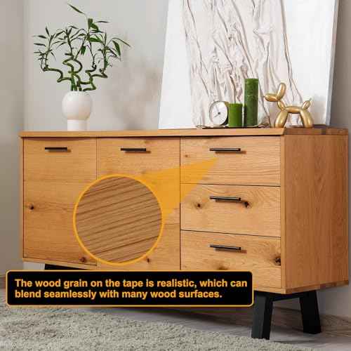 HARFINGTON Wood Grain Repair Tape 4 Inch x 33ft Self Adhesive Repair Patch Tape Simulated Wooden Floor Tapes with Plastic Scraper for Tables Doors Windows Furniture, Brown Wood