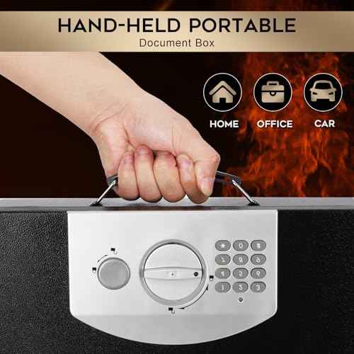 Dalmbox Portable Metal Safe Box with Digital Code Lock,Fire Resistant Storage for Documents, Fireproof Safe Box, Car, Home, Office and Outside, Black Box£¬ Medium
