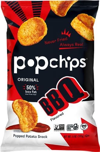 Popchips Potato Chips, BBQ, 4ct 5.0oz Share Bags, Low-Calorie and Gluten Free, Salty Snacks for Adults and Children, Non-GMO, Vegan & Kosher Friendly, 130 Calories Per Serving