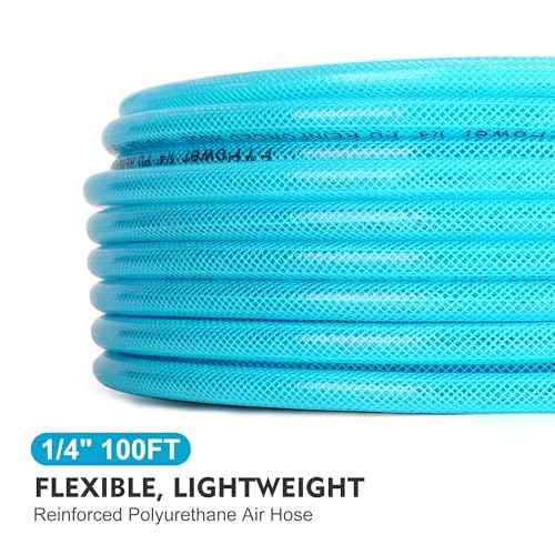 Air Compressor Hose 1/4 Inch x 100 Feet Reinforced Polyurethane (PU) Air Hose with Fittings, Bend Restrictors, 1/4" Industrial Quick Coupler and Plug Kit, Blue