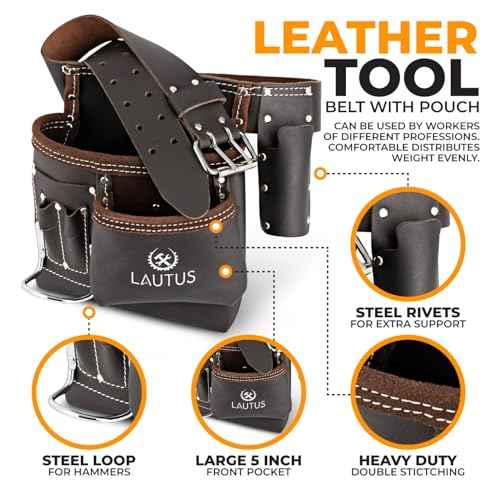 LAUTUS 5 Pocket Oil Tanned Leather Tool Belt - Multifunctional Tool Pouch/Bag/Apron Carpenter, Construction, Framers, Handyman, Electrician | 30-Inch to 46-Inch | Brown| Hammer Holder| Built Tough|