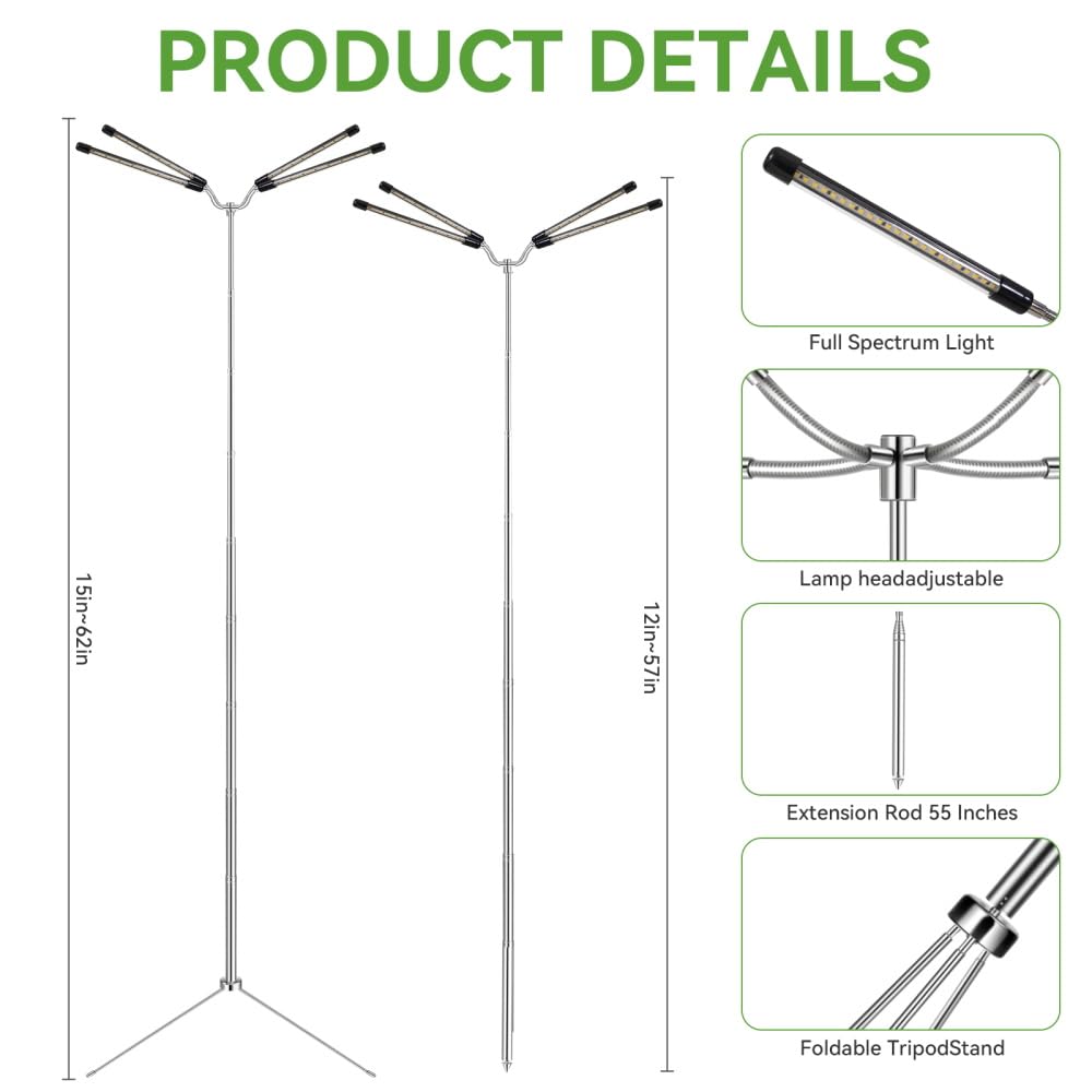 Grow Lights for Indoor Plants Full Spectrum,15-62 Inches Height Adjustable Dsektop and Standing Plant Growing Lights with Detachable Tripod Stand for Large and Small Plants, Auto On/Off Timer