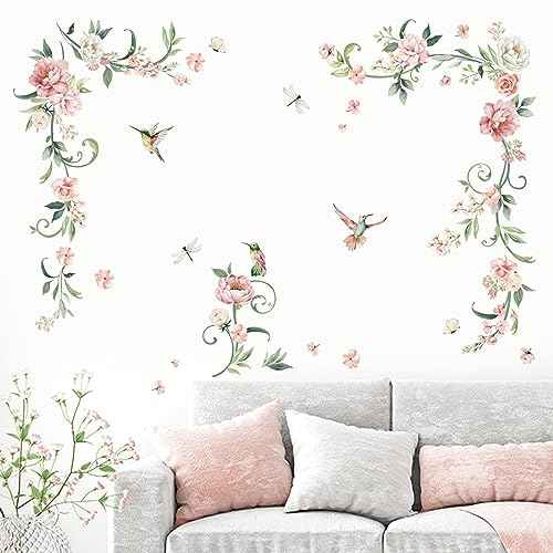 decalmile Peony Flower Wall Decals Pink Blossom Birds Wall Stickers Living Room Bedroom Girls Bedroom Wall Decor