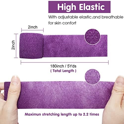 Self Adherent Cohesive Bandage 2"x5 Yards First Aid Bandages Stretch Sport Athletic Wrap Vet Tape for Wrist Ankle Sprain and Swelling,Purple(12 Rolls)