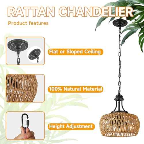 Chandeliers for Dining Room, 3-Light Boho Chandelier with Wicker Lampshade, Adjustable Height Coastal Chandeliers, Vintage Pendant Lighting for Kitchen, Bedroom.(Brown)