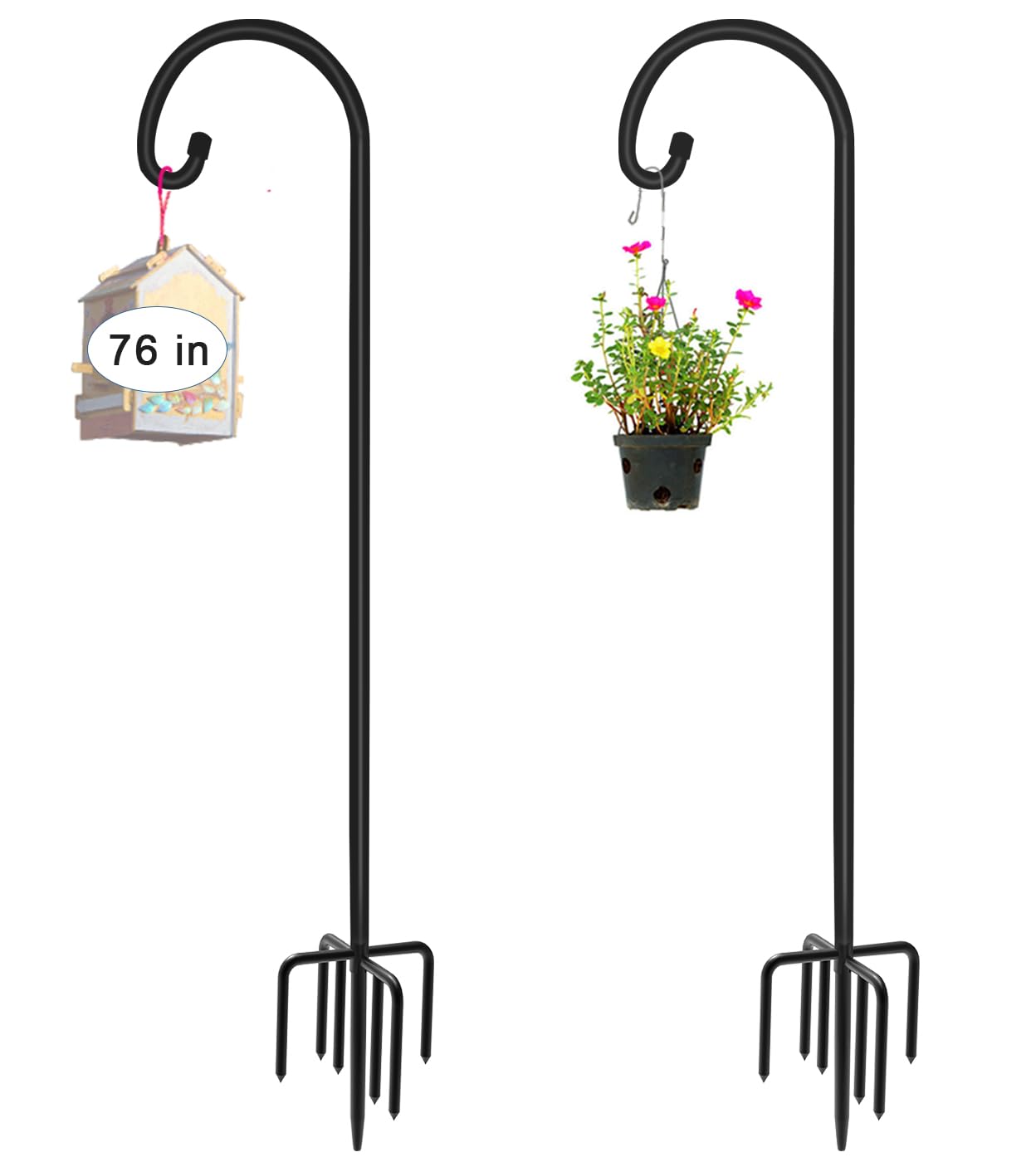 Artigarden 76 inch Outdoor Shepherd Hook with 5 Prong Base (2 Packs), Adjustable Heavy Duty Garden Hanging Stake for Bird Feeder Solar Light Plant Hanger Wedding Decor, Matte Black