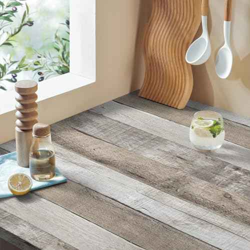 LXCREAT Faux Wood Butcher Block Contact Paper, Shiplap Peel and Stick Wallpaper Wooden Planks for Walls 17.5"X118", Natural Grey Self Adhesive Removable Rustic Wallpaper for Shelf Kitchen Decoration
