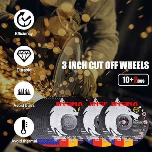 Cut Off Wheels 12 PCS, 3 Inch Metal and Stainless Steel Cutting Wheel, Fast Cutting Disc for Angle Grinder (3 x 1/16 x 3/8inch) 10+2pcs