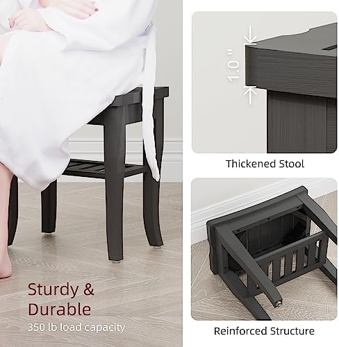 Bamboo Shower Bench, Spa Small Shower Stool for Inside Shower Waterproof, Bathroom Bench Seat with Storage Shelf for Adults Elderly Seniors, Wood Chair for Indoor or Outdoor Use, Black