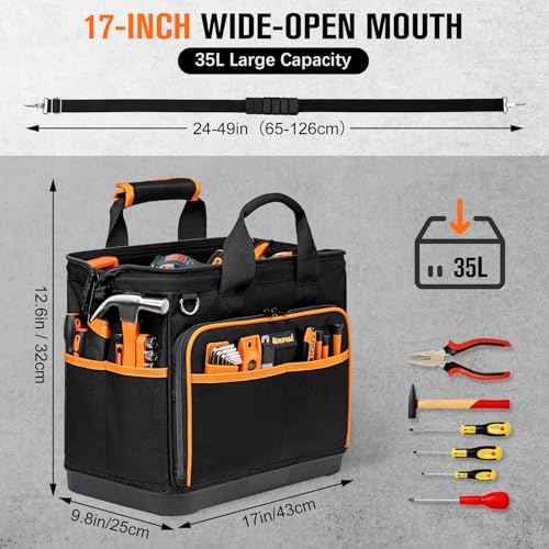 Electrician Tool Bag 17-Inch, 26-Pocket Large Tool Bags for Men Women with Waterproof Hard Bottom & Adjustable Shoulder Strap, Tool Bag Organizer for HVAC Craftsman Contractor Carpenter Electrician