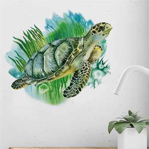 Green Sea Turtle Wall Stickers, sacinora Marine Animal Seaweed Wall Decals Removable Vinyl Peel and Stick for Living Room Bedroom Bathroom Sofa TV Background Art Decorations