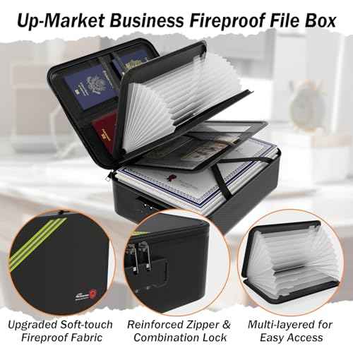 Large Fireproof Document Box with Lock,Upgraded Waterproof Fireproof Document Bag,Important Document Organizer Binder Hard Case Safe,5200¢µ Fire Proof File Box,Portable for Business Travel Home