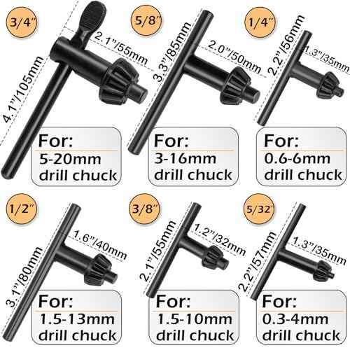 Replacement Drill Chuck Key Wrench Electric Drill Clamping Tool Heavy Duty Solid Carbon Steel Thumb Handle Chuck Key (Chuck Diameter: 3/4" / 5/8" / 1/2" / 3/8" / 1/4" / 5/32") - 6 Sizes