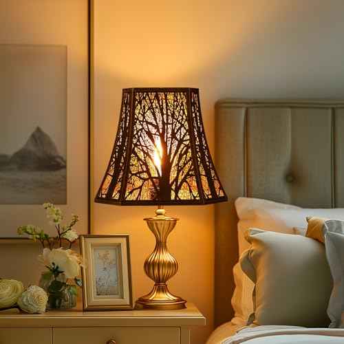 Square Cut Corner Metal Lamp Shades, 7" Top x 12" Bottom x 10.5" High Medium Bell Lampshade (Spider Fitter), Etched Forest Lampshades for Table Lamps and Floor Lamps, Bronze Gold Tree Pattern