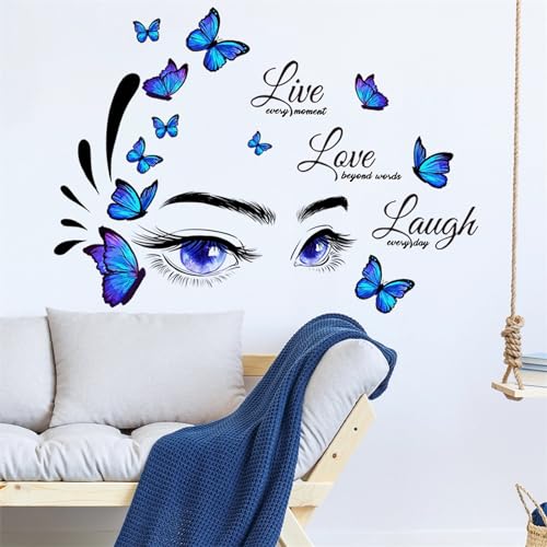 Blue Eyelash Eyes Butterfly Wall Stickers, sacinora Inspirational Quotes Motivational Word DIY Wall Decals Removable Vinyl Peel and Stick for Women Girl Kids Living Room Bedroom Nursery Art Decoration