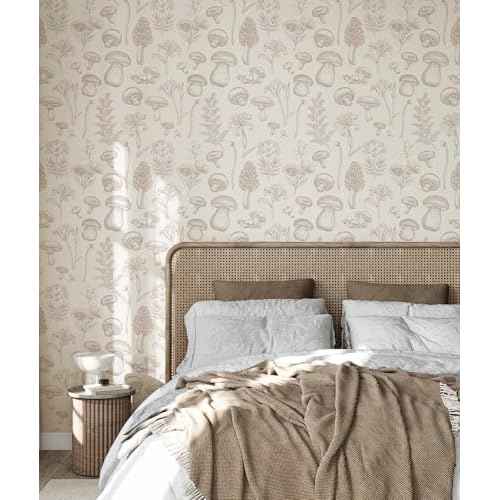 Mushroom Wallpaper, Floral Peel and Stick Wall Paper Removable Contact Paper for Bathroom Bedroom Cabinets, 17.3"¡¿78.7", Beige