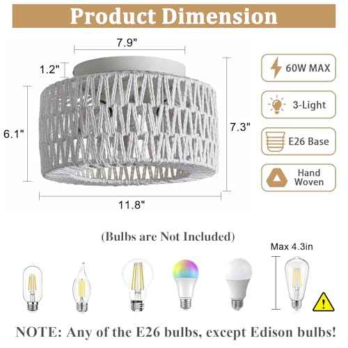 Rattan Light Fixtures Ceiling Mount, 3-Lights Boho Flush Mount Ceiling Light, Hand-Woven Cage Shade Lamp Lighting, Rustic Rattan Chandelier for Hallway Bedroom Kitchen Farmhouse Foyer Entryway (White)