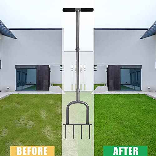 Manual Lawn Aerator for Compacted Soil Aerating - Height Adjustable Handheld Spike Aerator with 4 Steel Tines