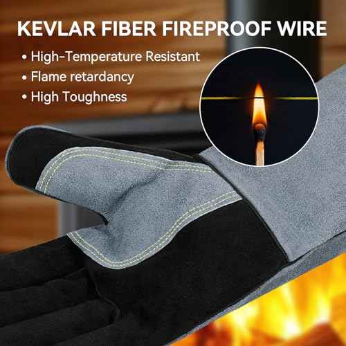 OZERO 932¡ÆF Heat Resistant Welding Gloves 16 inches Cowhide Leather - Long Sleeve and Insulated Lining BBQ Glove for Tig Welder/Mig/Grill/Barbecue/Stove Black-gray