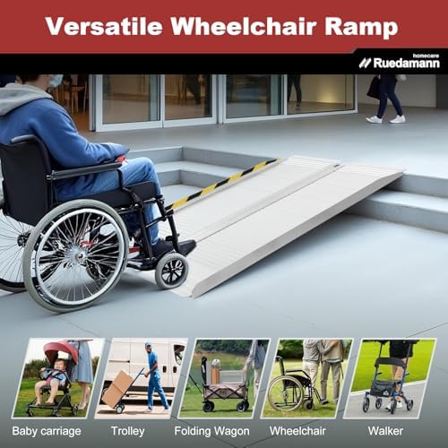 Ruedamann 5 FT Portable Wheelchair Ramp, Sturdy Non-Slip Aluminum Wheelchair Ramp with Upgraded Hinge, Aluminum Folding Ramp for Doorways, Ramp for Wheelchairs, Scooters, Steps, Stairs, Pets